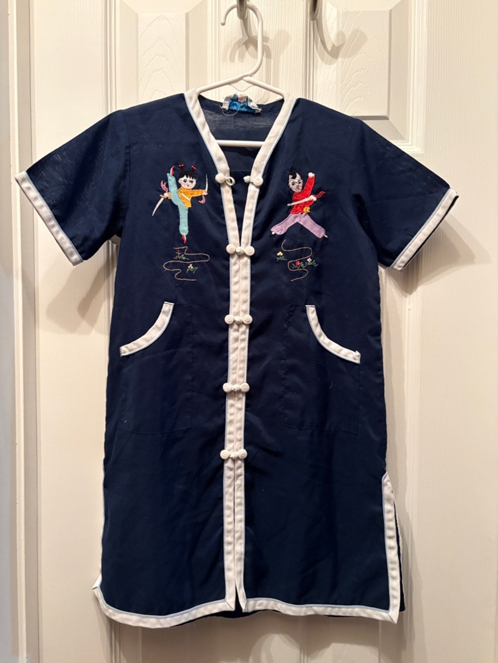 Kids Navy Blue Embroidered Asian Top with White Trim vintage